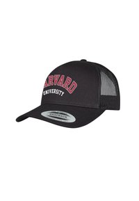Schwarze Snapback-Basecap mit Mesh-Rücken, vorne mit rotem Text "HARVARD UNIVERSITY", flachem Schild und runder Tag auf der Unterseite.