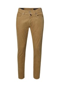 Beige Cord-Hosen mit slim fit, ausgestattet mit fünf Taschen, einem Knopfverschluss und subtiler Textur.