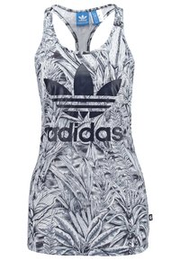 Sport tank top with a black and white leaf pattern. Features a large black Adidas logo and three stripes. Made of lightweight material.