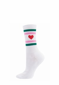 Weiße Baumwollsocke mit gerippter Textur, die grüne und rosa Streifen sowie ein rotes Herzmotiv in der Mitte aufweist. Klassisches sportliches Design.