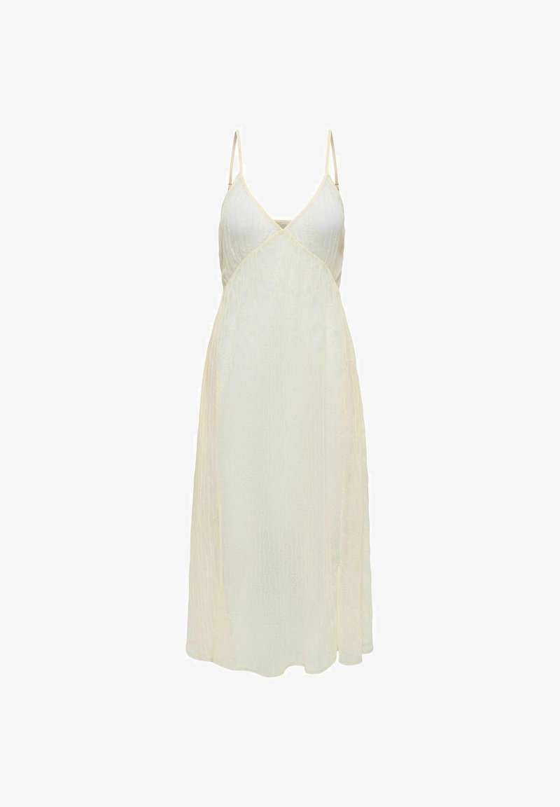 Robe midi sans manches couleur crème avec fines bretelles, décolleté en V et motif texturé subtil sur tissu léger.