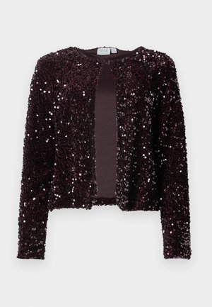 Jachetă scurtă cu mâneci lungi, de culoare burgundie închisă, acoperită cu paiete strălucitoare, cu un front deschis și fără închideri vizibile, expusă pe un fundal simplu.