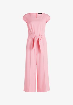 Rosa Jumpsuit mit tailliertem Oberteil, kurzen Ärmeln, V-Ausschnitt und weit geschnittenen Hosen. Enthält einen gebundenen Taillengürtel für eine definierte Silhouette.
