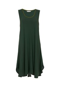 Ärmelloses dunkelgrünes Kleid mit abgerundetem Saum, aus weichem Stoff, mit einem dezenten gelben Akzent am Halsausschnitt.
