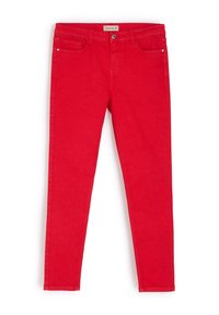 Czerwone dżinsy o slim fit. Z pięcioma kieszeniami, z przodu zapinane na guzik oraz dyskretnymi detalami przeszyci wzdłuż szwów.