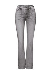 Šedé džíny z denimu s rovnými nohavicemi, pěti kapsami a zipem na přední straně. Tkanina má vybledlý vzhled a minimální detail šití.
