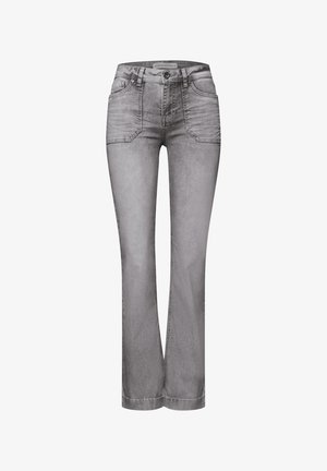 Szare dżinsy z denimu o prostych nogawkach, pięcioma kieszeniami i zapięciem na zamek błyskawiczny. Materiał ma wyblakły wygląd i minimalne detale przeszyć.