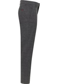 Gray checkered trousers made from a lightweight fabric. Features a straight cut, side pockets, and a small colored logo on the back.