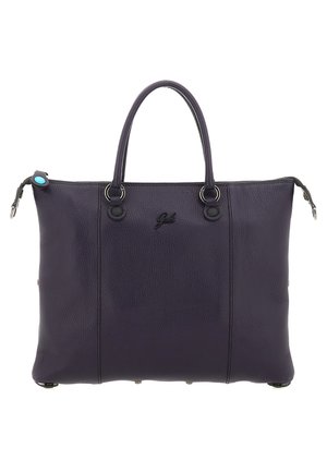 Borsa a mano in pelle viola scuro con due manici superiori, chiusura con zip e piccolo logo anteriore.