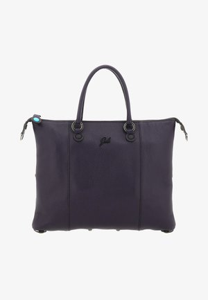 Borsa a mano in pelle viola scuro con due manici superiori, chiusura con zip e piccolo logo anteriore.