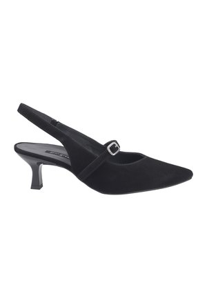 Chaussure à talon slingback en suède noir avec un bout pointu, un petit talon carré et une sangle décorative avec une boucle. Texture lisse.