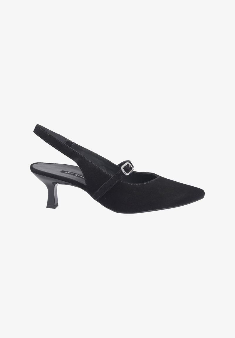 Chaussure à talon slingback en suède noir avec un bout pointu, un petit talon carré et une sangle décorative avec une boucle. Texture lisse.