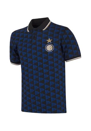 Zwart-blauw patroon poloshirt met zwarte kraag, witgestreepte boorden, Inter Milan-logo en gouden ster op de borst.