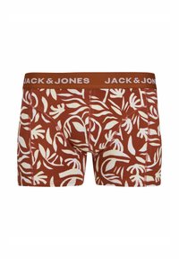 Braune Boxershorts mit weißen Blattmustern, ausgestattet mit einem elastischen Taillenband, das mit "JACK & JONES" beschriftet ist. Aus weichem Baumwoll-Mix, enganliegend.