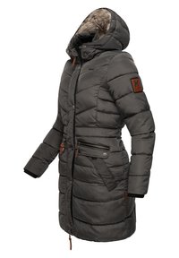 Gray puffer coat featuring a faux fur-lined hood, zippered and snap pockets, elastic cuffs, and side accents in leather.