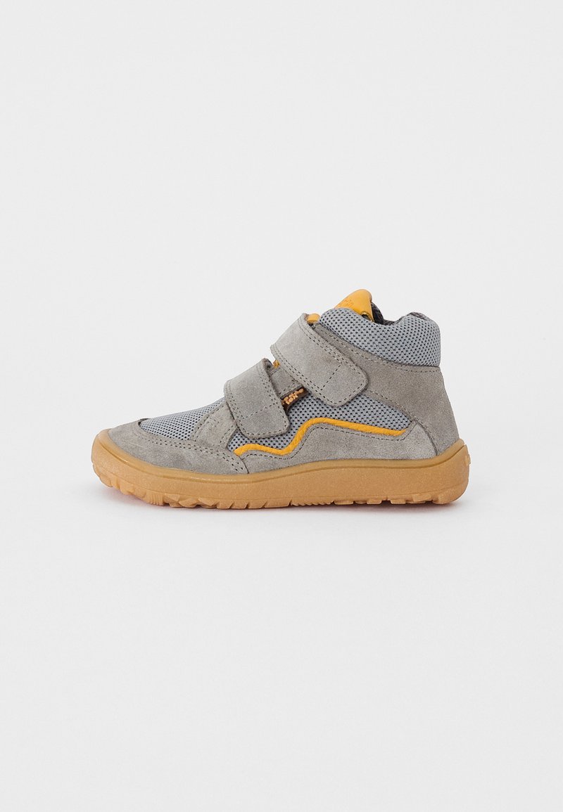 Gray suede high-top shoes with mesh accents, orange detailing, dual Velcro straps, and a rubber sole. Textured surface for grip.