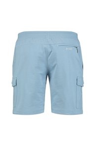 Jasnoniebieskie szorty cargo z elastycznym pasem, dwiema bocznymi kieszeniami i jedną kieszenią z zamkiem z tyłu. Wykonane z miękkiego, oddychającego materiału.