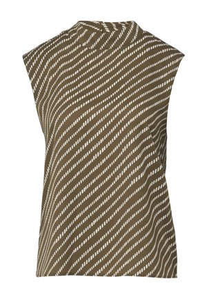 Top marrone senza maniche con strisce diagonali bianche tratteggiate e un piccolo colletto alla coreana.