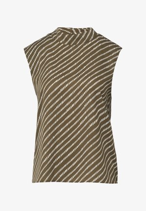 Brązowy top bez rękawów z białymi ukośnymi przerywanymi paskami i małym stojącym kołnierzykiem.