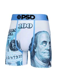 Herre boxer briefs med et design inspirert av en 100-dollarseddel, hovedsakelig blå med detaljert trykk av Benjamin Franklin og finansielle elementer.