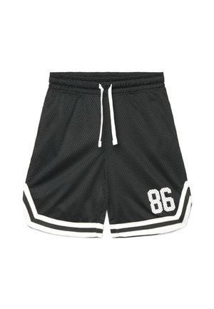 Czarne siatkowe szorty sportowe z białym sznurkiem, białym obszyciem wzdłuż dołu i numerem 86 nadrukowanym na dolnej prawej nodze.
