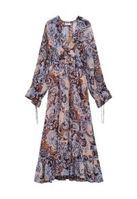 Dlouhé, vzorované šaty s řaseným výstřihem, vyrobené z lehkého materiálu. Mají modré a hnědé květinové vzory, dlouhé rukávy a rozšířený lem.