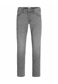 Grå denimjeans med rak skärning, fem fickor och knäppning i gylfen. Har subtila slitningar och en mjuk textur.
