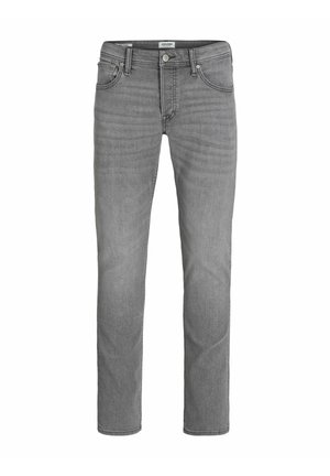 Jeans in denim grigio con gamba dritta, cinque tasche e chiusura con bottone. Presentano leggere abrasioni e una consistenza liscia.