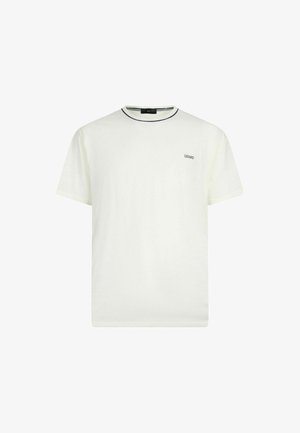 T-shirt bianca in cotone, con scollatura rotonda rifinita in contrasto di nero e un piccolo logo sul lato sinistro del petto. Maniche corte.