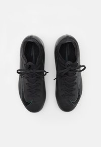 Pair of black Nike Mercurial soccer cleats with laces tied, shown from above on a white background.