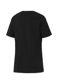 Zwarte korte mouwen t-shirt gemaakt van katoen. Beschikt over een ronde hals en een effen kleur zonder patronen. Eenvoudig, klassiek ontwerp.