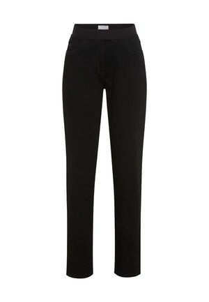 Pantaloni in denim nero con vita elastica, gambe affusolate, tasche frontali e una texture liscia. Design semplice, adatto per un abbigliamento informale.