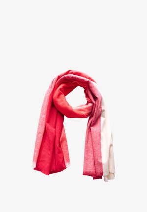 Écharpe dégradé rouge et rose clair en tissu doux, avec une texture lisse et des extrémités frangées. Forme arrondie, drapée lâchement.