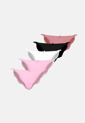 Fem par damtrosor i rosa, vitt, svart och ljusrosa. Varje trospar har en delikat spetskant och en rosettdetalj framtill.
