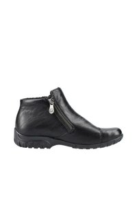 Black leather ankle boots with a side zipper, rounded toe, textured upper, and rubber sole featuring a tread pattern for traction.