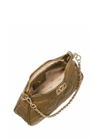 Olivgrüne gestepptes Handtasche mit einer goldenen Kettenriemen und einem Reißverschlussverschluss. Futter aus logo-bedrucktem Stoff und innere Tasche.