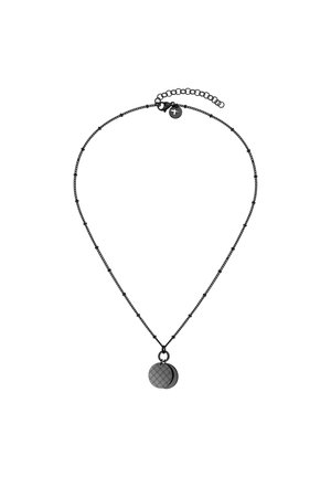 Schwarze Metallkette mit einem strukturierten, runden Anhänger, ausgestattet mit einer feinen Kette mit kleinen Gliedern und einem Verschluss für die verstellbare Länge.