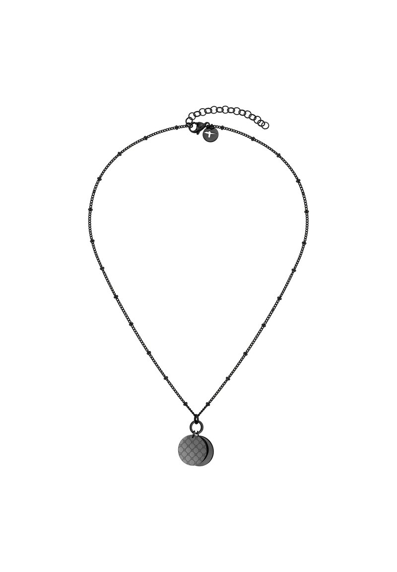Zwart metalen ketting met een gehamerde ronde hanger, voorzien van een delicate schakelketting met kleine schakels en een haakje voor verstelbare lengte.