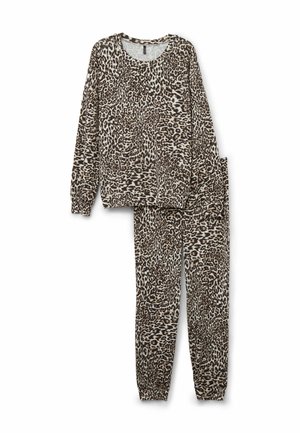 Leopardenmuster-Pyjama-Set mit langärmligem Oberteil und Hose mit elastischem Bund in Beige-, Braun- und Schwarztönen. Weicher, strukturierter Stoff.