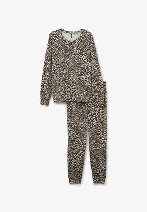 Sada pyžama s leopardím vzorem obsahující dlouhý rukáv a kalhoty s elastickým pasem v béžových, hnědých a černých odstínech. Měkká, strukturovaná tkanina.