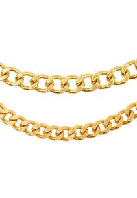 Collier en chaîne dorée avec des maillons entrelacés, une finition lisse et polie, et de subtils motifs gravés sur certains maillons.