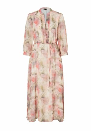 Lichte, bloemrijke jurk in pastelkleuren met een knoopsluiting aan de voorkant, lange mouwen, strik taille en vloeiende rok. Voorzien van een mandarijnkraag.