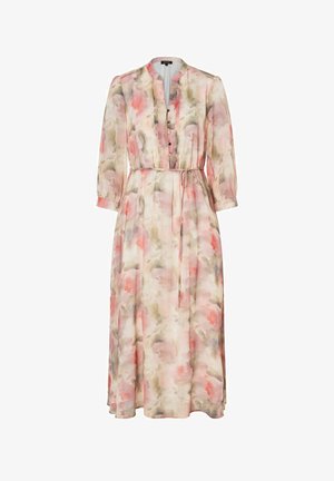 Leichtes Kleid mit floralem Druck in Pastellfarben, Knopfleiste, langen Ärmeln, tailliertem Gürtel und fließendem Rock. Mit Stehkragen.