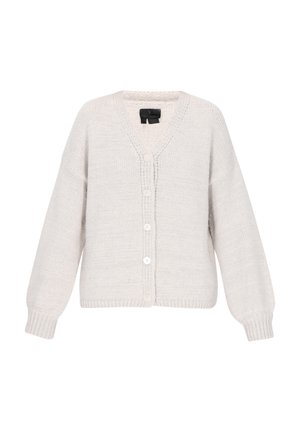 Cárdigan de punto gris claro con escote en V, mangas largas y cinco botones blancos en la parte delantera. Puños y dobladillo acanalados. Textura suave.