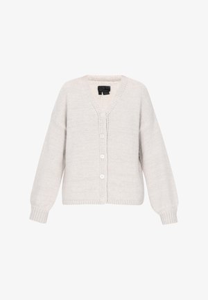 Cárdigan de punto gris claro con escote en V, mangas largas y cinco botones blancos en la parte delantera. Puños y dobladillo acanalados. Textura suave.