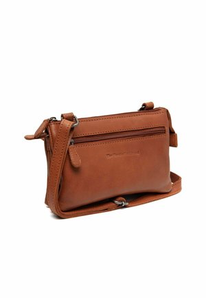 Brown leather crossbody bag with a zipper compartment, adjustable strap, and subtle stitching details. Smooth texture and rectangular shape.