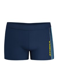 Shorts de bain bleu marine au design ajusté, avec un logo "ATHENA" jaune et un accent bleu avec des lignes diagonales sur le côté droit.