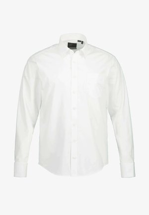 Camisa blanca de manga larga con frente abotonado, un pequeño bolsillo en el pecho y un cuello clásico. Tejido suave y corte entallado.