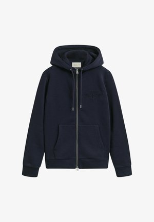 Sweat à capuche zippé bleu marine en tissu doux, doté d'une capuche avec cordon de serrage, de poches avant et d'un logo brodé ton sur ton sur la poitrine.