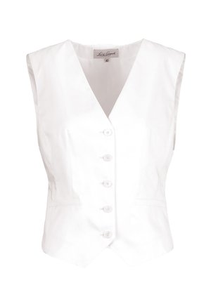 Fehér, ujjatlan, gombos mellény V-nyakkal és két elülső paszpólos zsebbel, 42-es méret, Luisa Spagnoli márka.